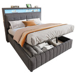 Upholstered Bed 160x200 cm, LED Lighting, USB Socket, Hydraulic Storage, Gray Linen