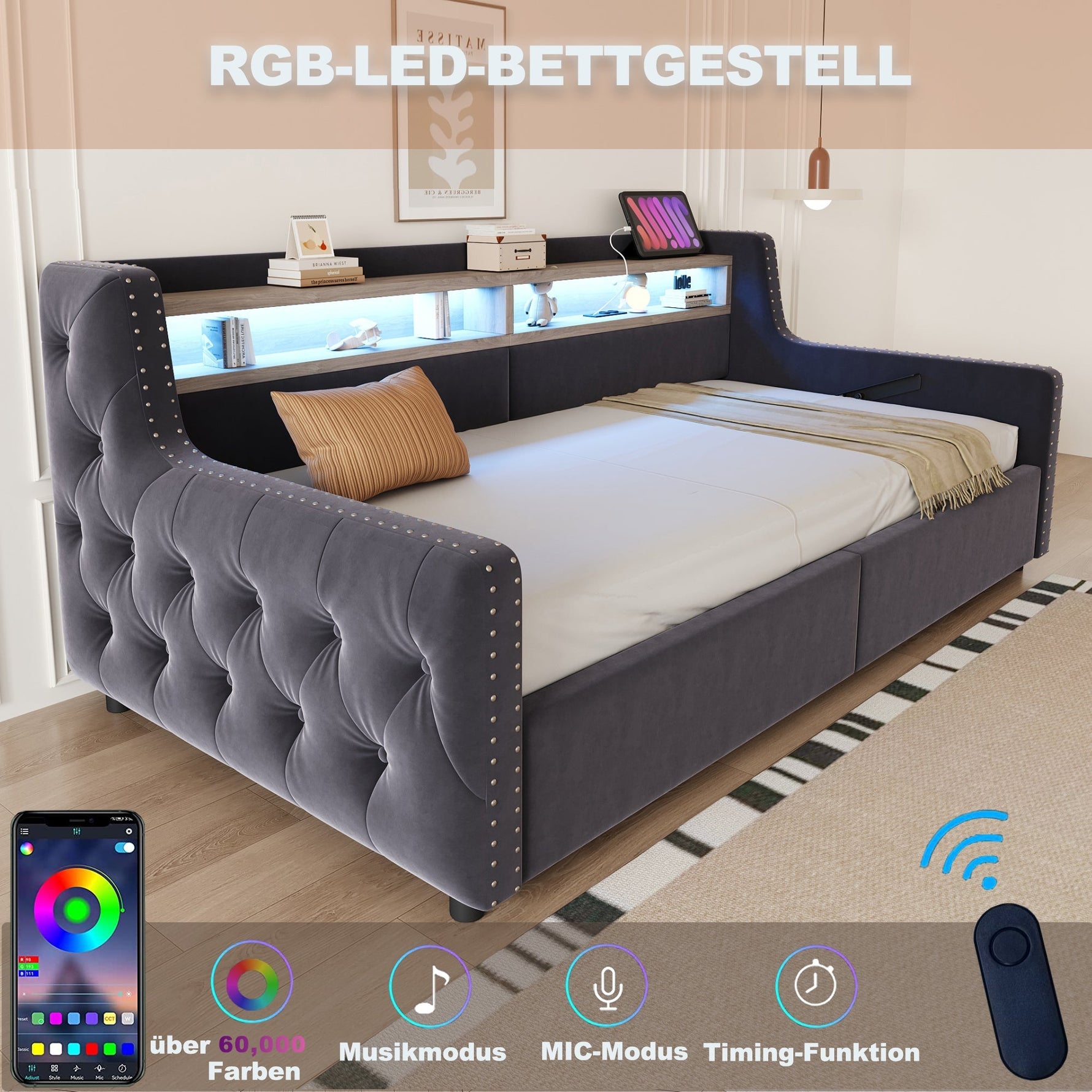 Upholstered Sofa Bed with Hydraulic Storage, LED Lighting and Charging Port, 90x200cm, Dark Grey