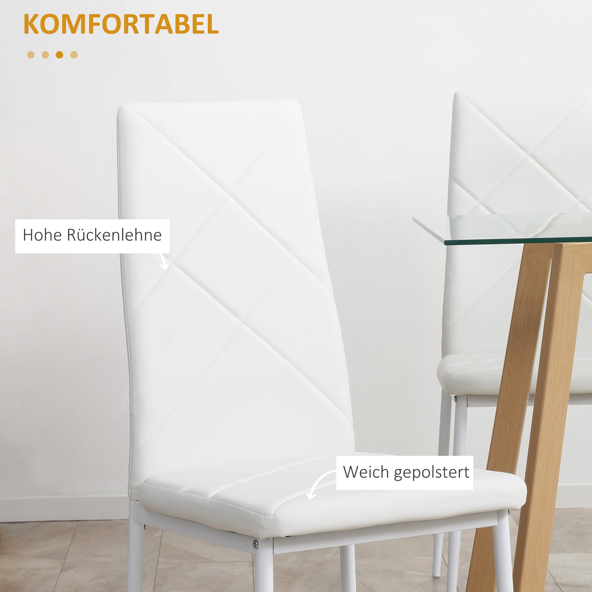 Dining Chair, Set of 4 Upholstered with Steel Legs, Faux Leather, White