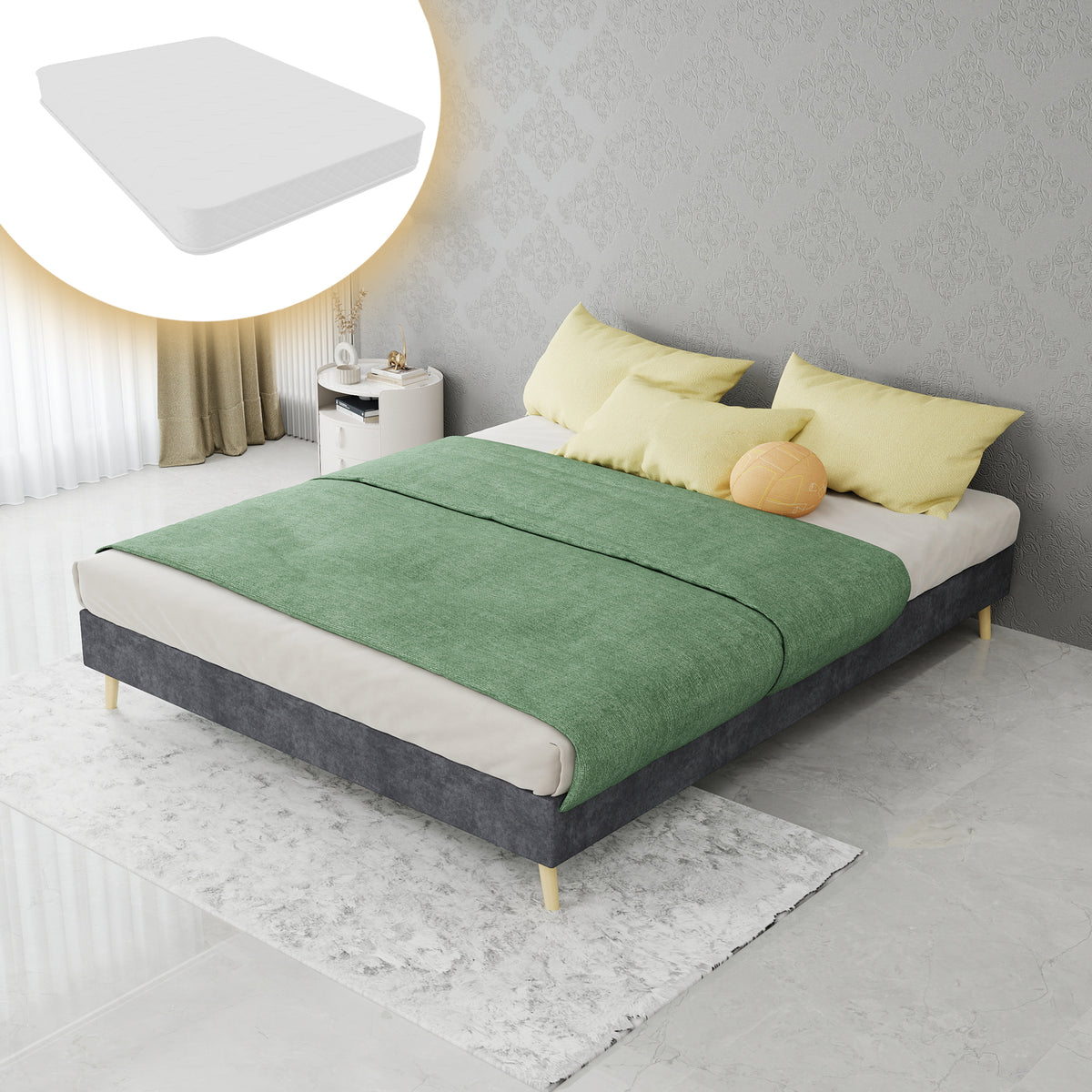 Modern Minimalist Bed Frame, 140x200cm with Mattress, Gray Velvet