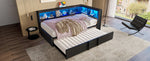 Metal Daybed with Pull-out Bed, Storage Cabinets, LED Lighting and USB Ports, 90x200cm, Black Metal