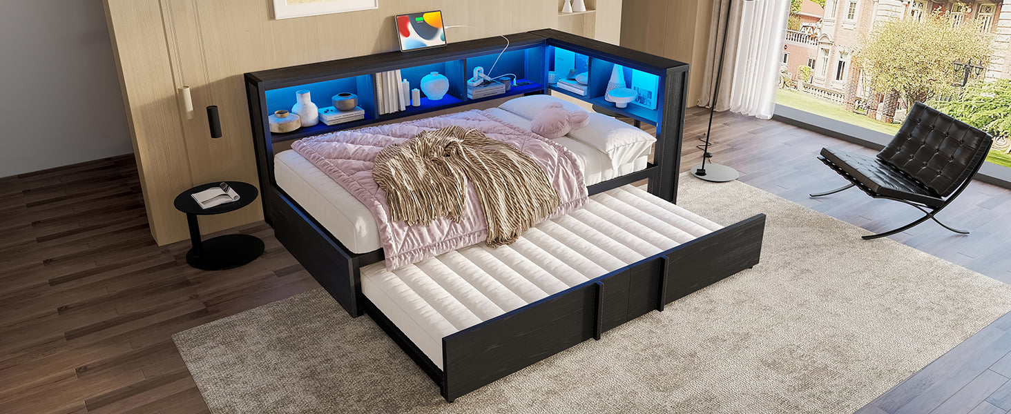 Metal Daybed with Pull-out Bed, Storage Cabinets, LED Lighting and USB Ports, 90x200cm, Black Metal