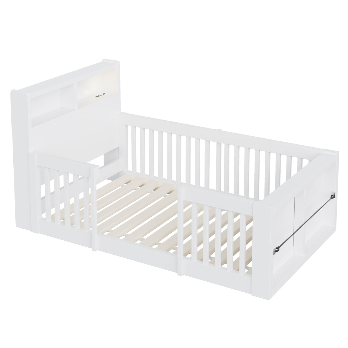 Wooden Single Bed 90x190cm with USB, Light & Storage, White