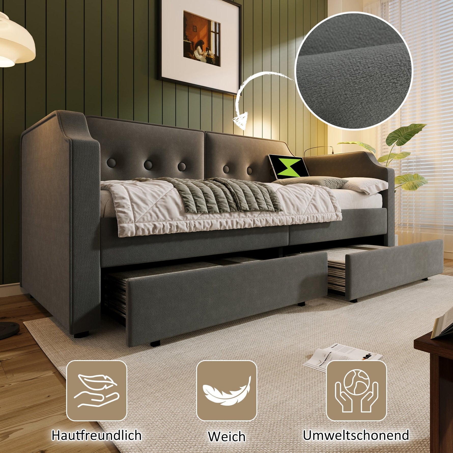 Sofa Bed 90x200 cm, USB-C Reading Light, 2 Storage Drawers, Velvet Gray