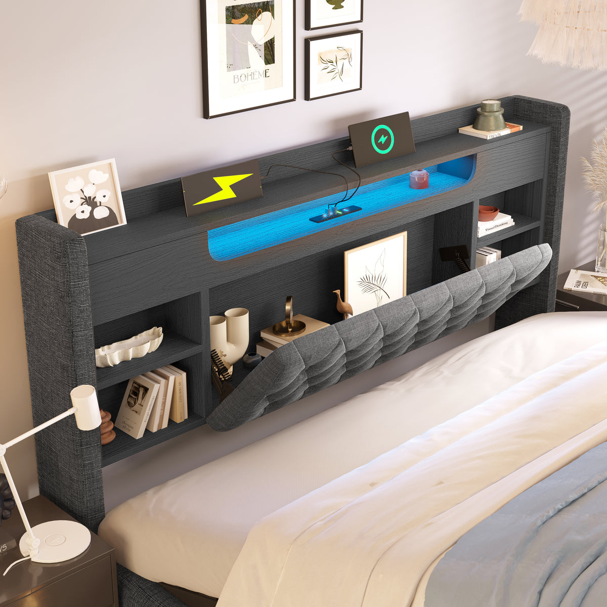 Upholstered Bed 180x200 with Hydraulic Storage & LED, Grey Linen