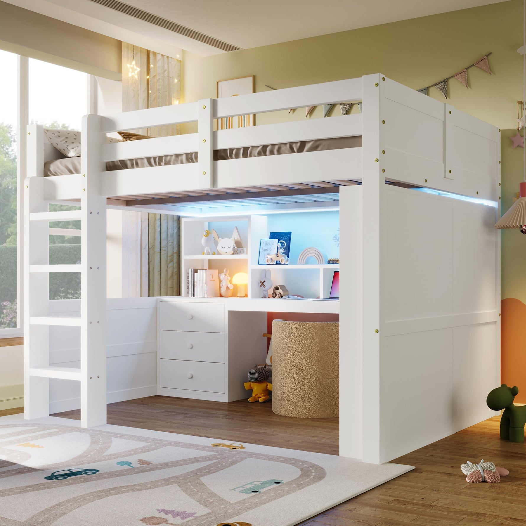 Loft Bed 140x200cm LED Lights Wardrobe Desk Drawers Storage - White
