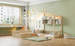 Children's Bed with Window, Shelves and LED Light Strip, Wood Color