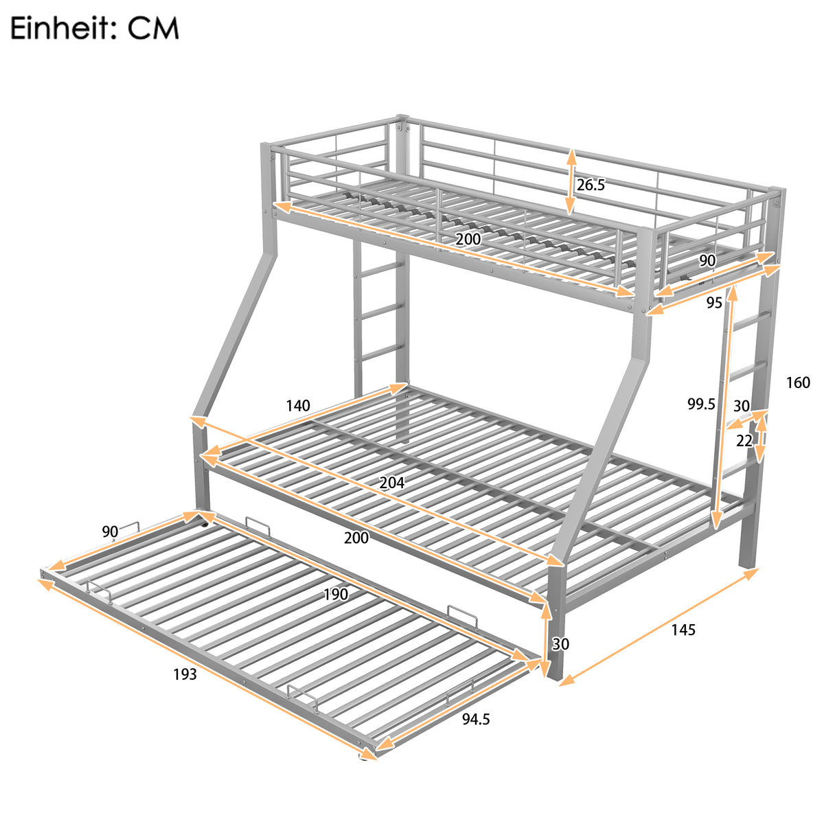 Bunk Bed with Pull-Out Bed, 90(140)x200cm, Silver Metal