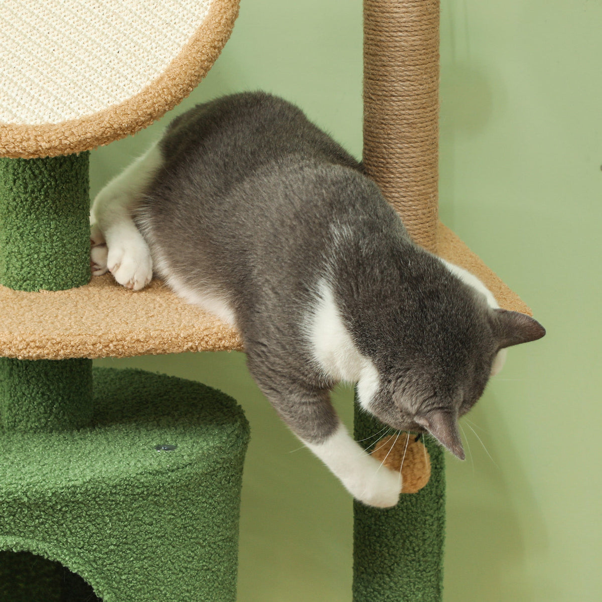 Cat Tree 139cm, with Cat Cave, Sisal Scratching Posts, Green