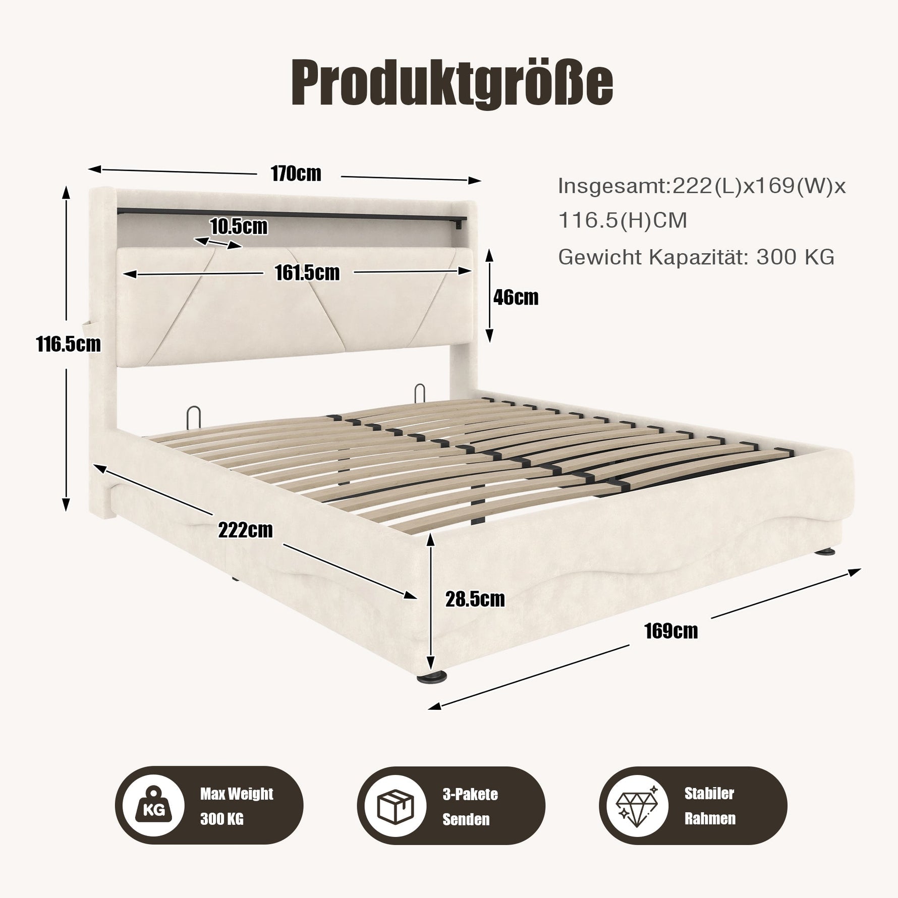 Upholstered Bed 160x200cm LED Headboard Storage USB Gas Lift