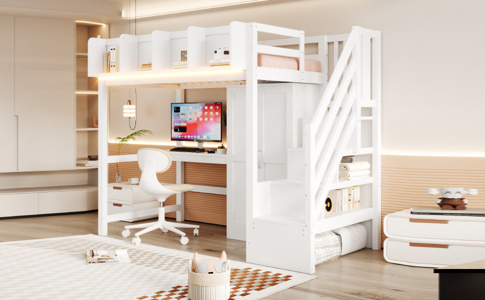 Multifunctional Loft Bed 90x200cm with Desk & Wardrobe, White