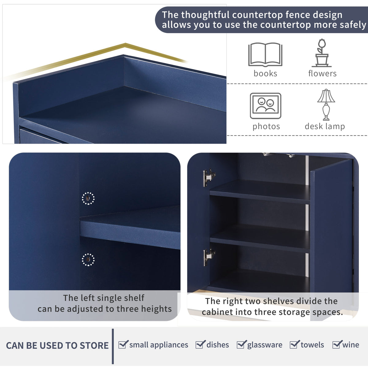 Sideboard, Modern Minimalist 4-Door Handleless Buffet, Navy Blue