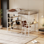 Loft Bed 90x200cm with Desk 3 Shelves - White Metal