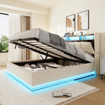 Multifunctional Bed with LED Lighting, Storage Headboard and USB Charging Station, 140x200cm, Beige