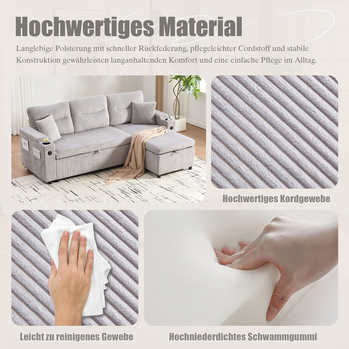 Modern 3-Seater Sofa with Storage, Cup Holders, USB-C and Pull-Out Bed, Corduroy