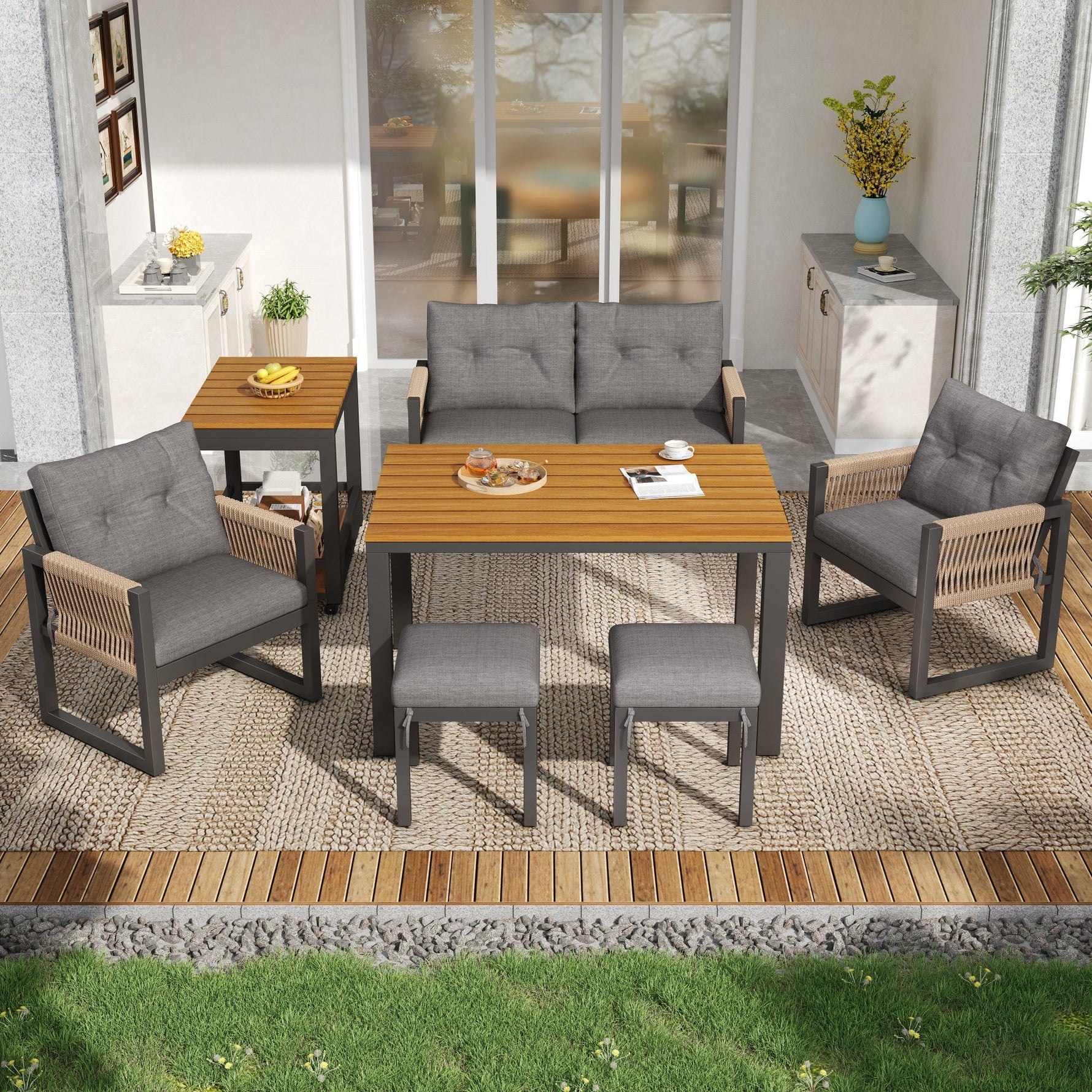 Outdoor Sofa Set with Woven Armrests, Cushions and Multifunctional Table, Iron Frame