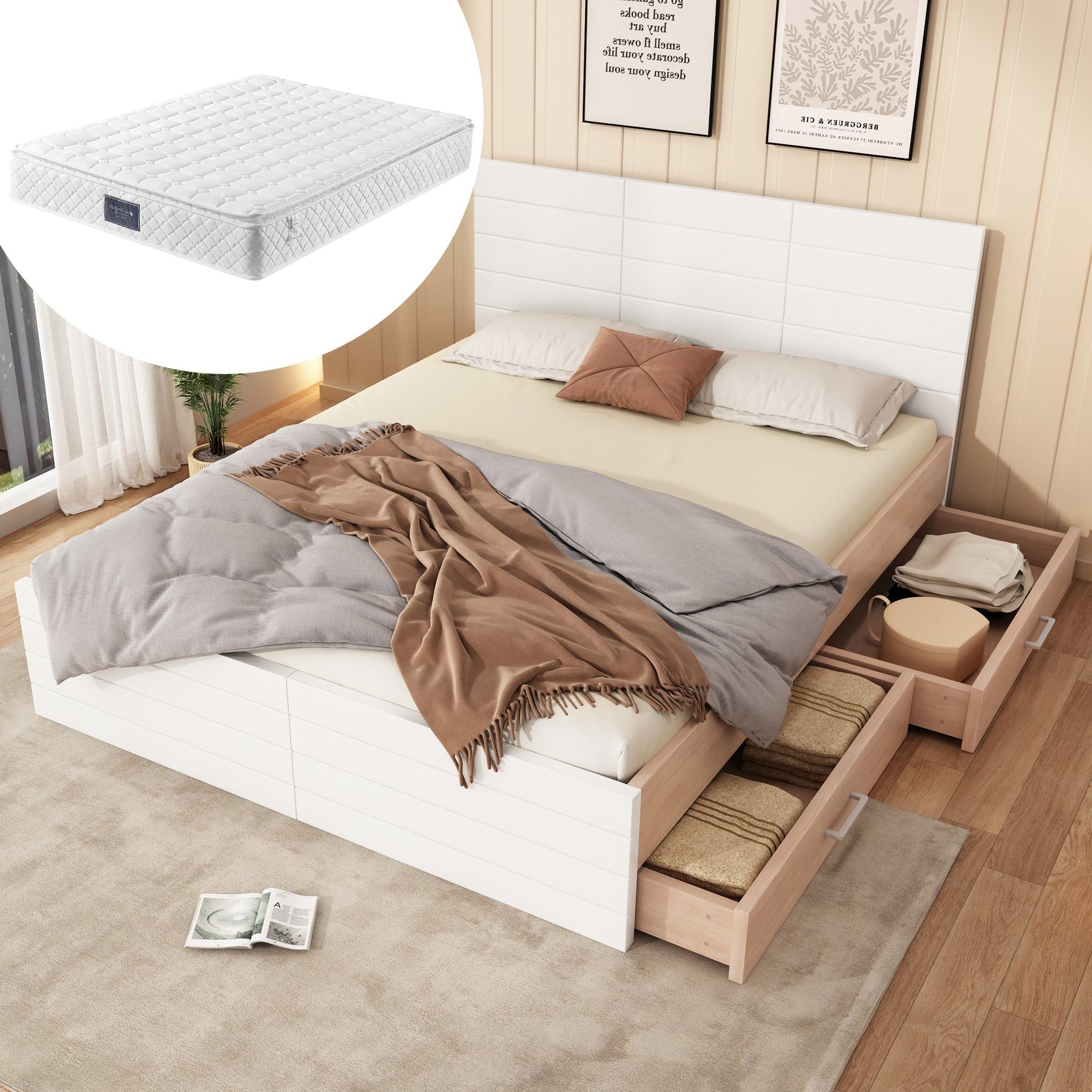 Double Bed 160x200cm, Modern Wooden Frame with 2 Drawers, Oak/White