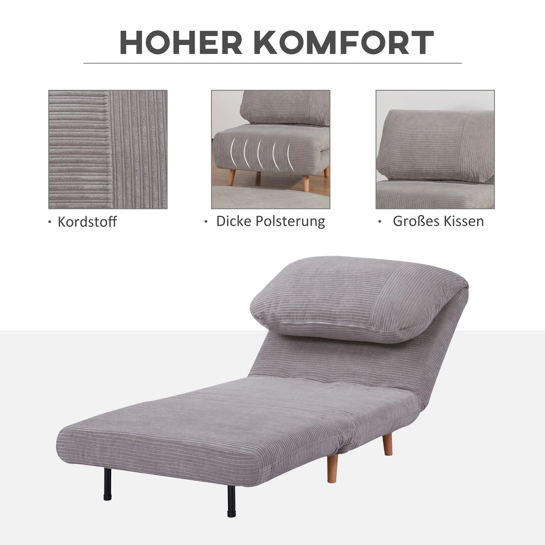 2-in-1 Sofa Bed Sleeper Chair Adjustable Folding Mattress Corduroy Light Grey