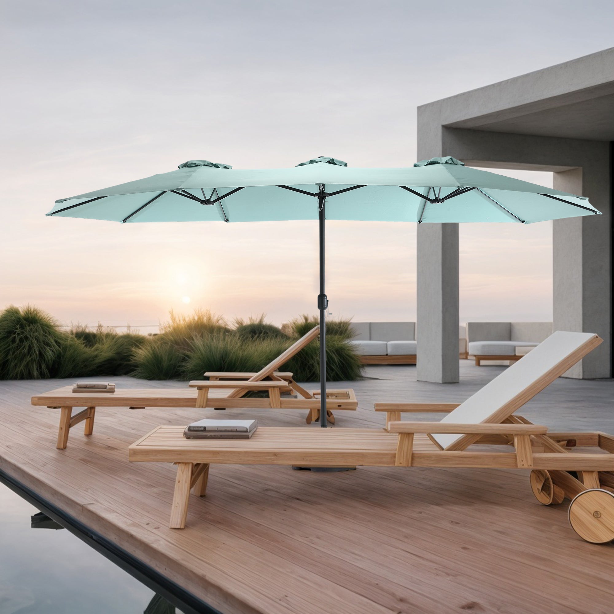 Double Sided Outdoor Umbrella, 14.8 Ft Rectangular Large with Crank, Light Green