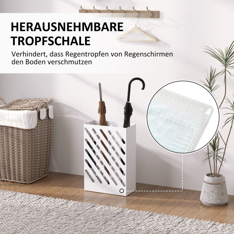 Umbrella stand with 4 hooks and water tray, steel, white