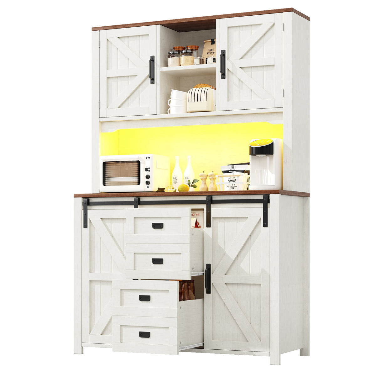 Tall Kitchen Sideboards with Sliding Doors and LED Lighting, Black and White