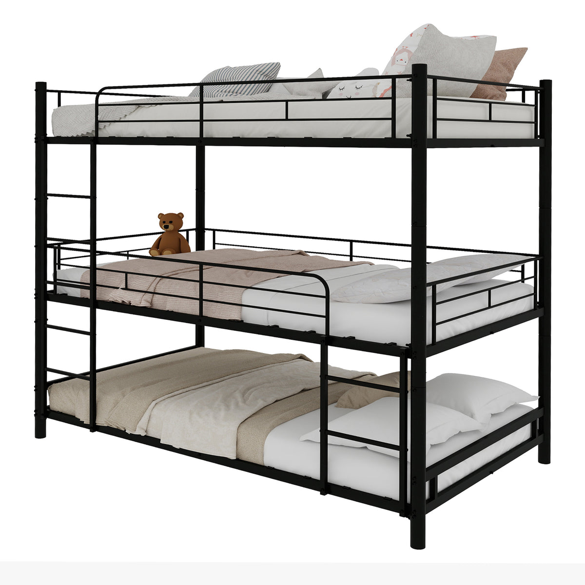 Three-Tier Bed Frame 90x190cm with Ladder & Guardrails
