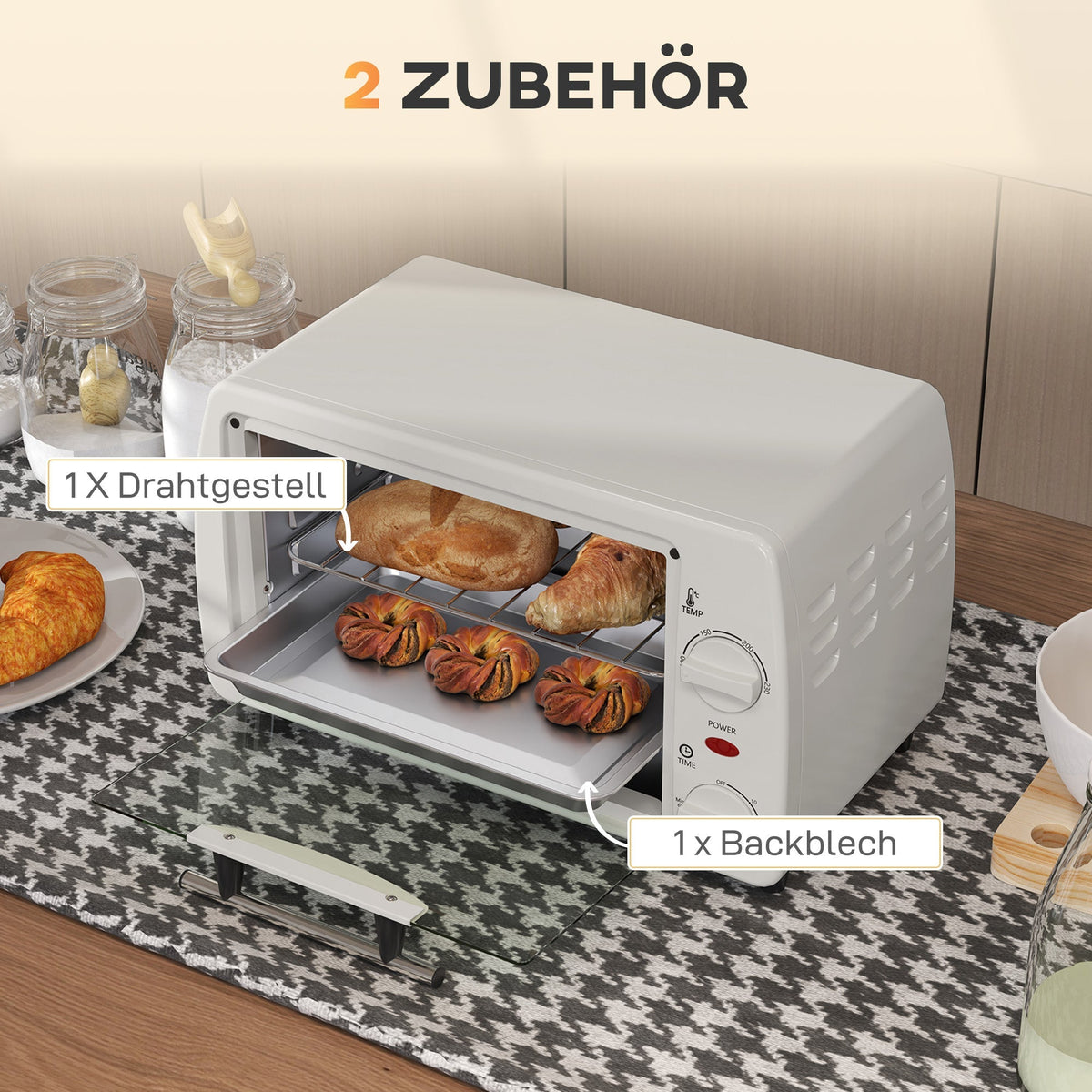 Mini Oven 10L 750W 230℃ Temp 60 Min Timer, Cream White