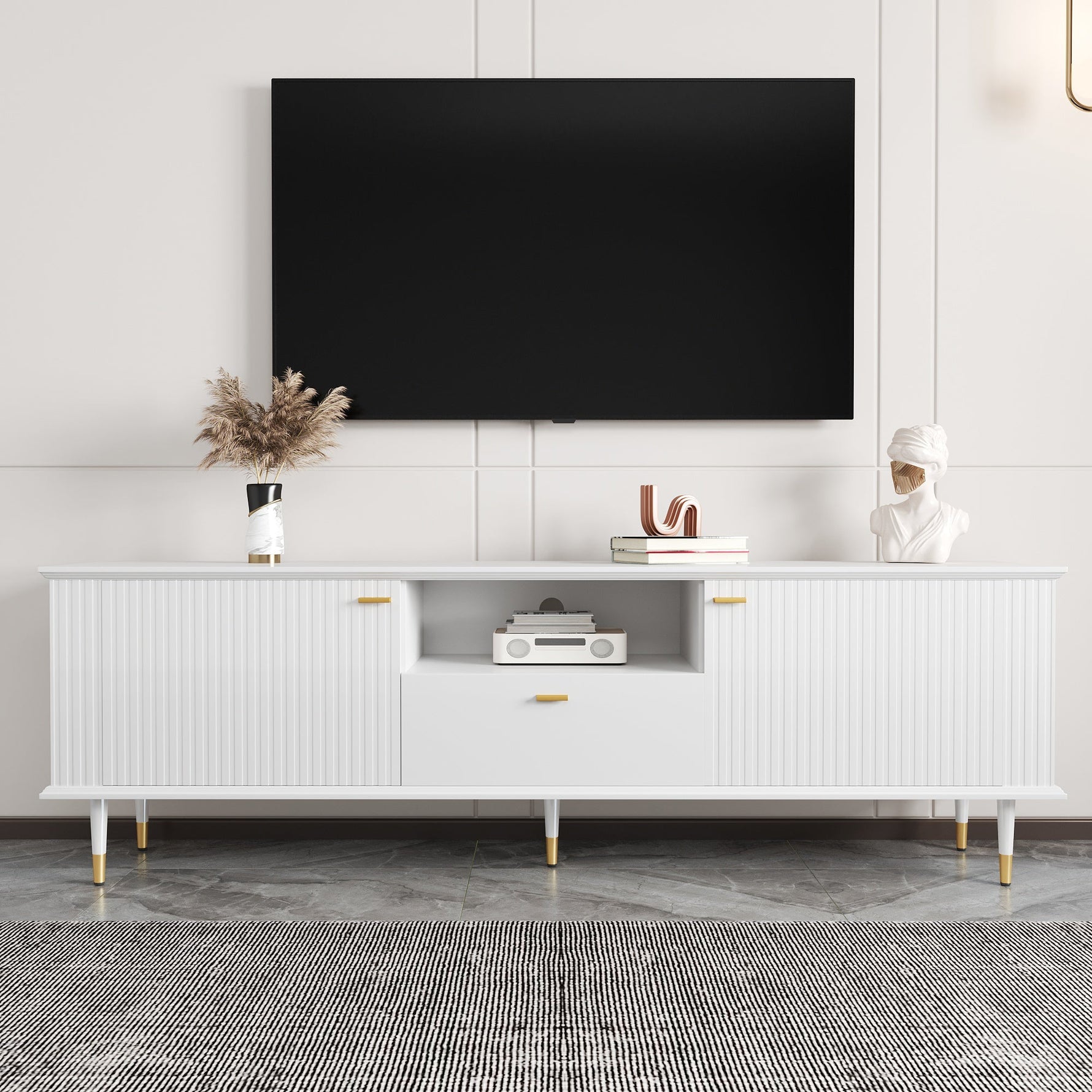 TV Cabinet with Open Compartments, Drawers, Soft-Close Hinges, Lacquered Textured Surface