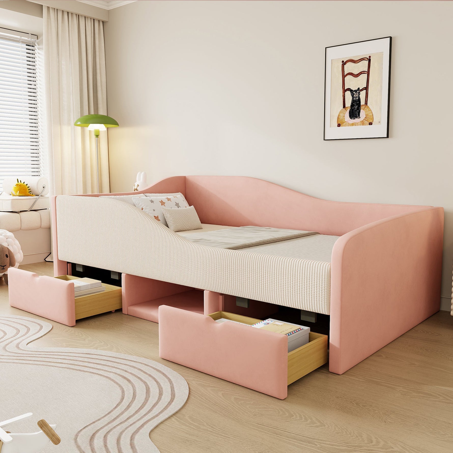 Upholstered Sofa Bed 90x190cm Multifunctional with Two Drawers and Railings Pink/Cream Velvet