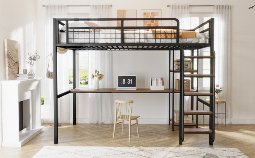 Metal Loft Bed, 140x200 cm with Ladder, Desk & Shelf, Black