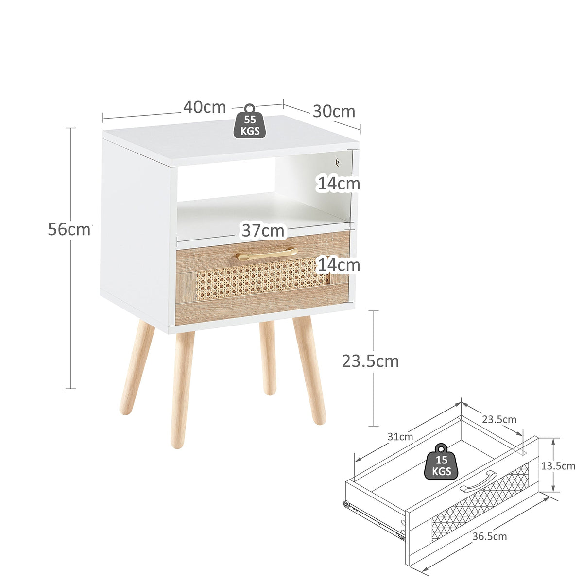 Rattan Side Table with Drawer and Solid Wood Legs, White