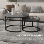 Round Coffee Table, Set of 2 Stackable Side Tables, Wood Look & Metal, Black