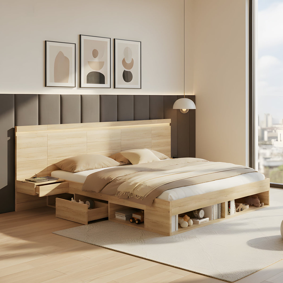 Double Bed 180x200cm Storage with LED, USB/Type-C, 2 Drawers & Bedside Tables Natural Wood