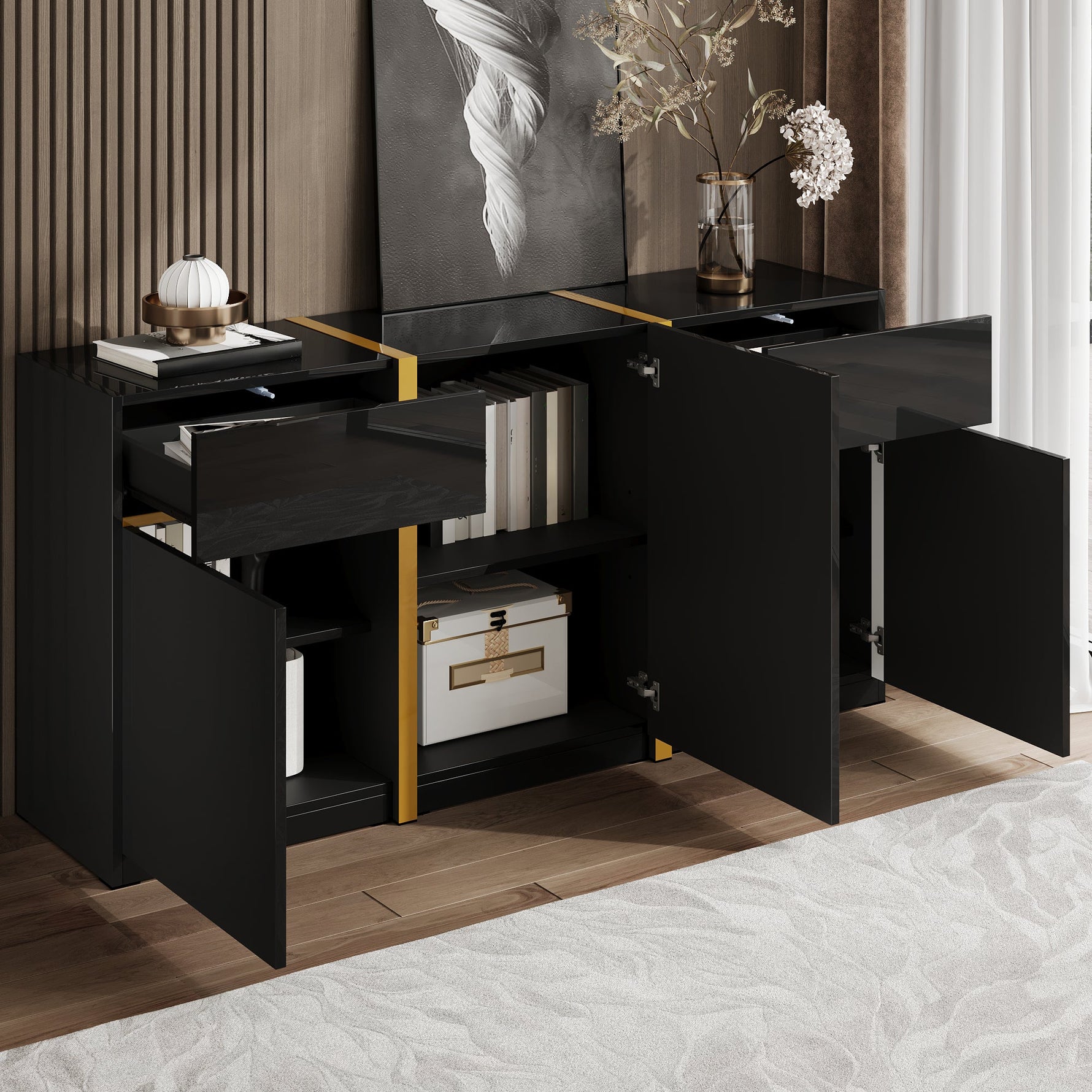 Luxurious Sideboard with 3 Doors and 2 Drawers, High-Gloss Lacquer Finish