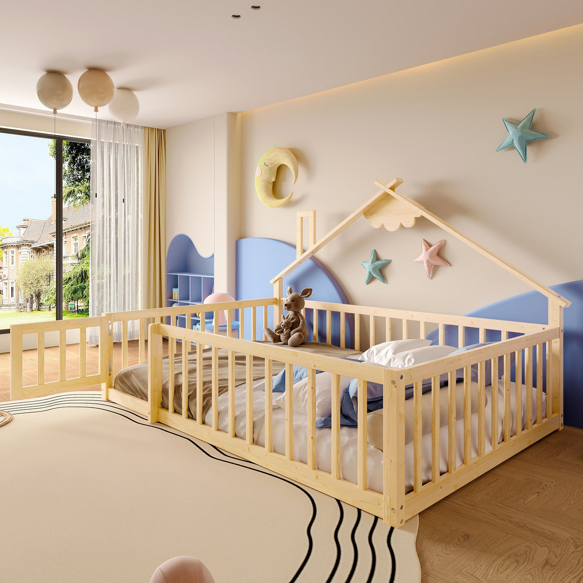 Flatbed 140x190cm House Rail with Lock - Pine Wood Natural