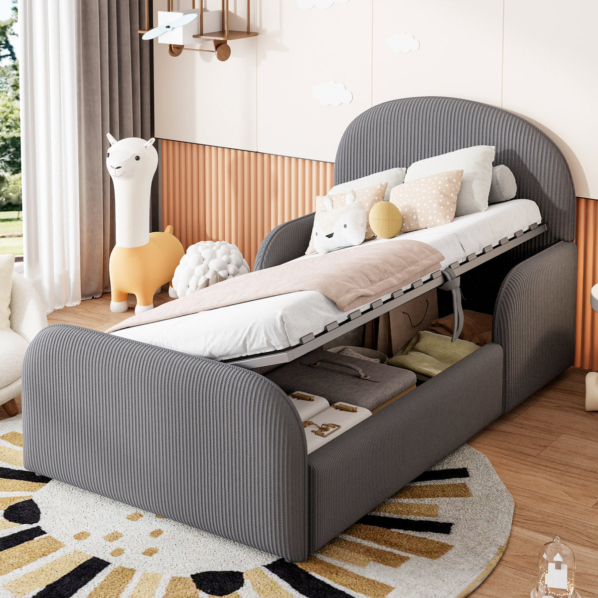 Children's Upholstered Bed 90x200 Hydraulic Storage, Grey Velvet