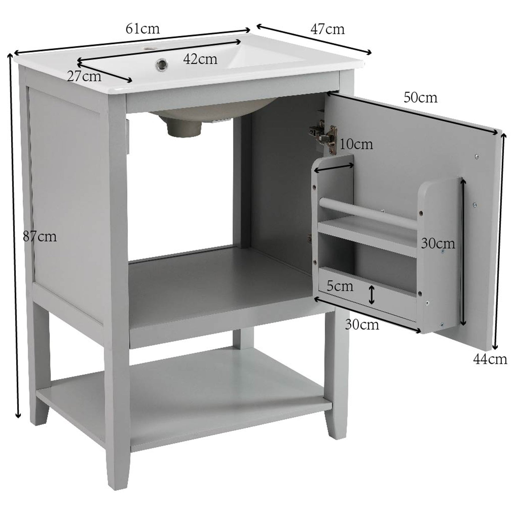 Bathroom Furniture Single Washbasin 60 cm Vanity Unit Ceramic Washbasin, Light Grey