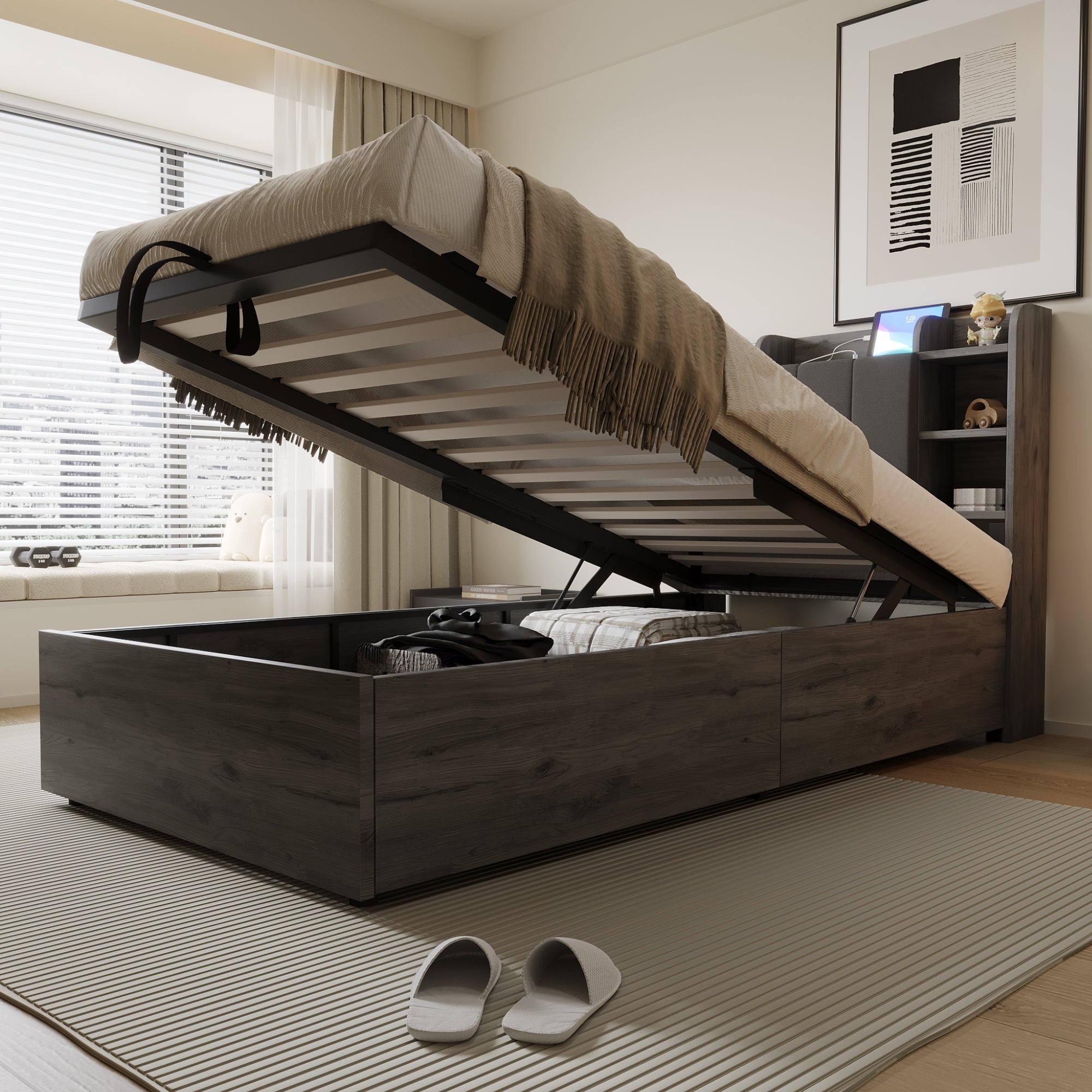 Wooden Bed, 90x200 cm Hydraulic with Storage & USB/Type-C, Grey