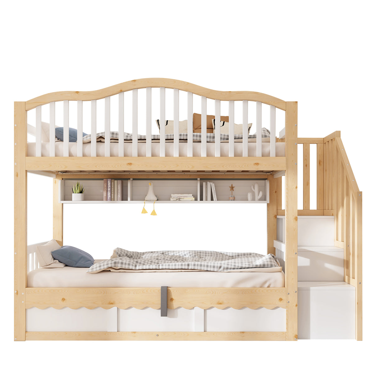 Children's Bunk Bed 90x200 with Storage & Stairs, White & Oak