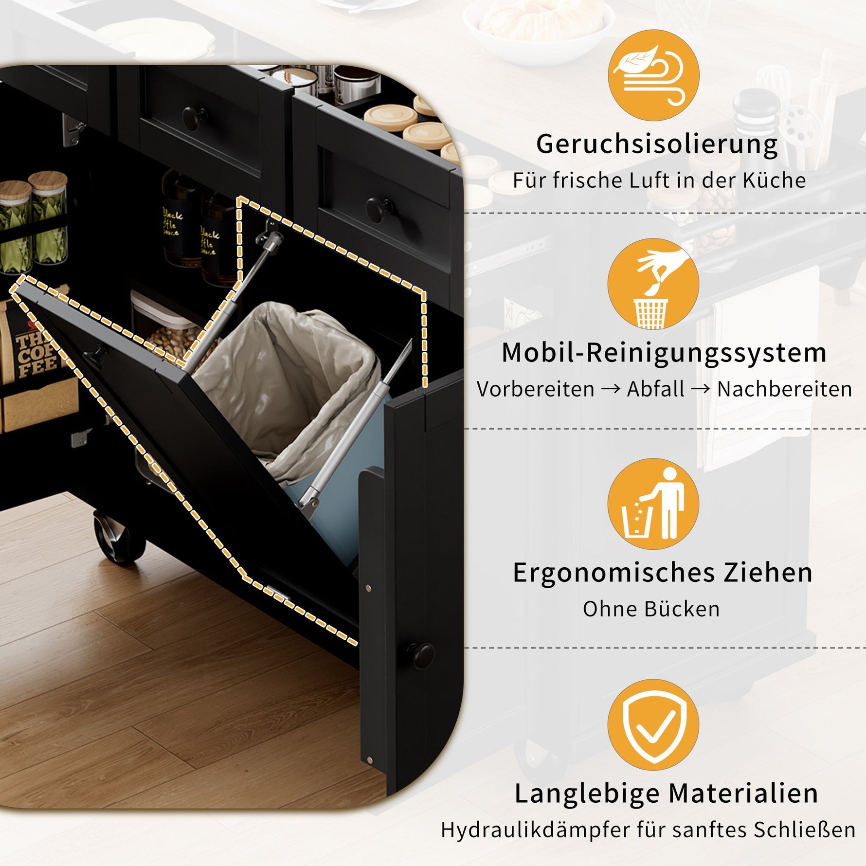 Mobile Kitchen Island Extendable Dining Area Waste Bin & Drawers - Black
