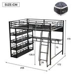 Iron Bed, Loft Bed with Storage, Charging Port, Ladder, Black Iron & Chipboard