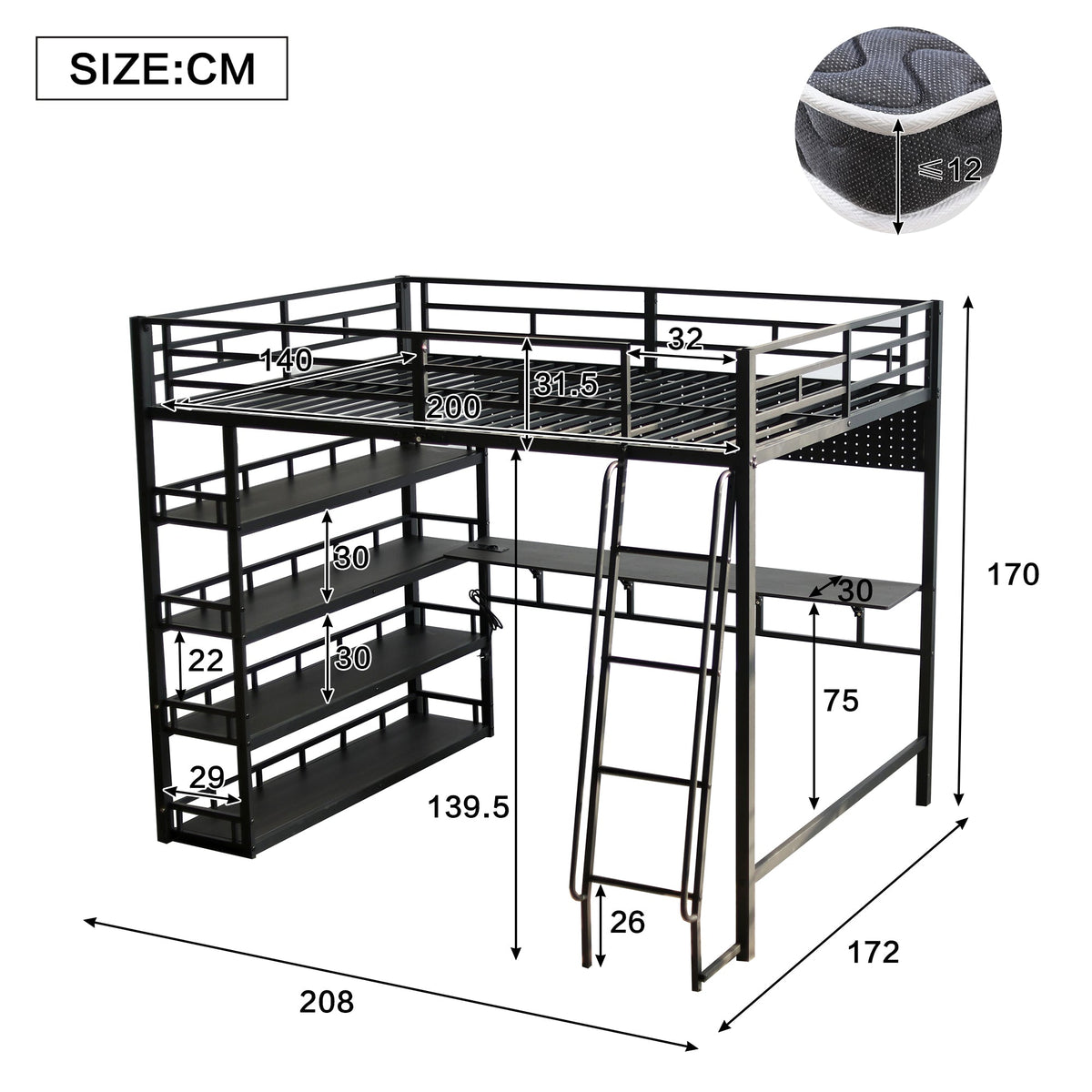 Iron Bed, Loft Bed with Storage, Charging Port, Ladder, Black Iron & Chipboard