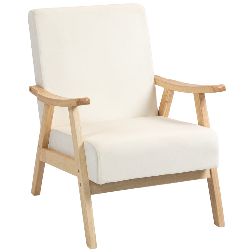 Nordic Armchair, Upholstered Lounge Chair, Wooden Frame, Velvet Look, Cream White