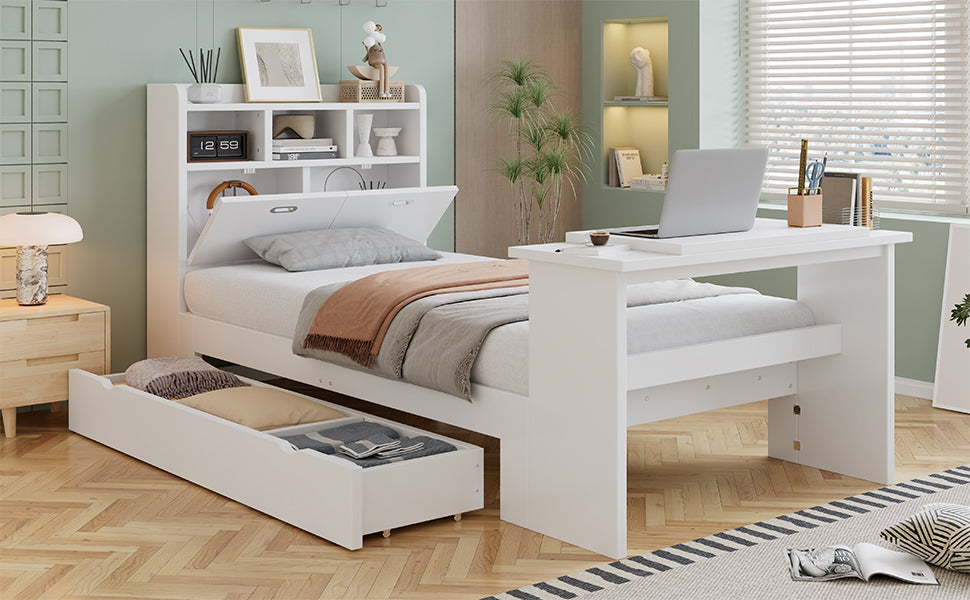 Children's Single Bed 90x200 with Storage Shelf in White Wood