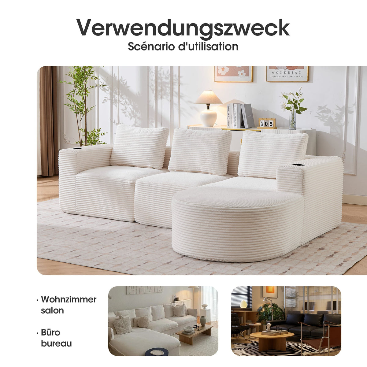 Double Sofa with 3 Pillows and 2 Cup Holders, 265cm Wide Fully Compressed, Feather and Plastic