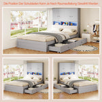 Multifunctional Wooden Bed 90x200cm, LED Storage Headboard, Grey