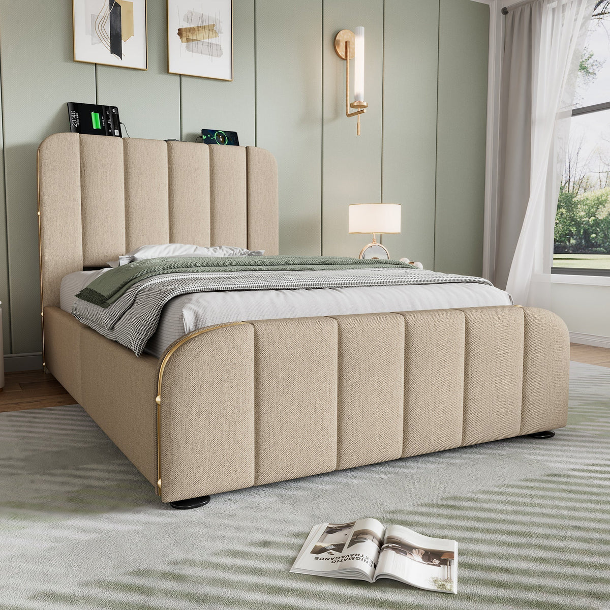 Upholstered Single Bed, USB-C Charging, Hydraulic Storage, Beige Linen