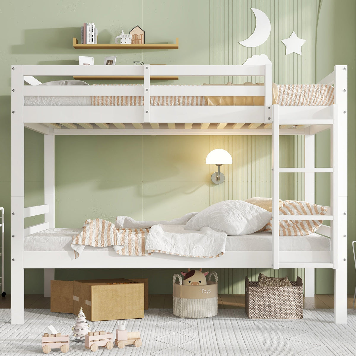 Bunk Bed for Children, Angled Ladder Fall Protection Divisible 2 Single Beds, Pine Frame White 90x200cm