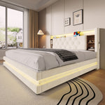 Upholstered Storage Bed 160x200cm with LED & USB, Beige Velvet
