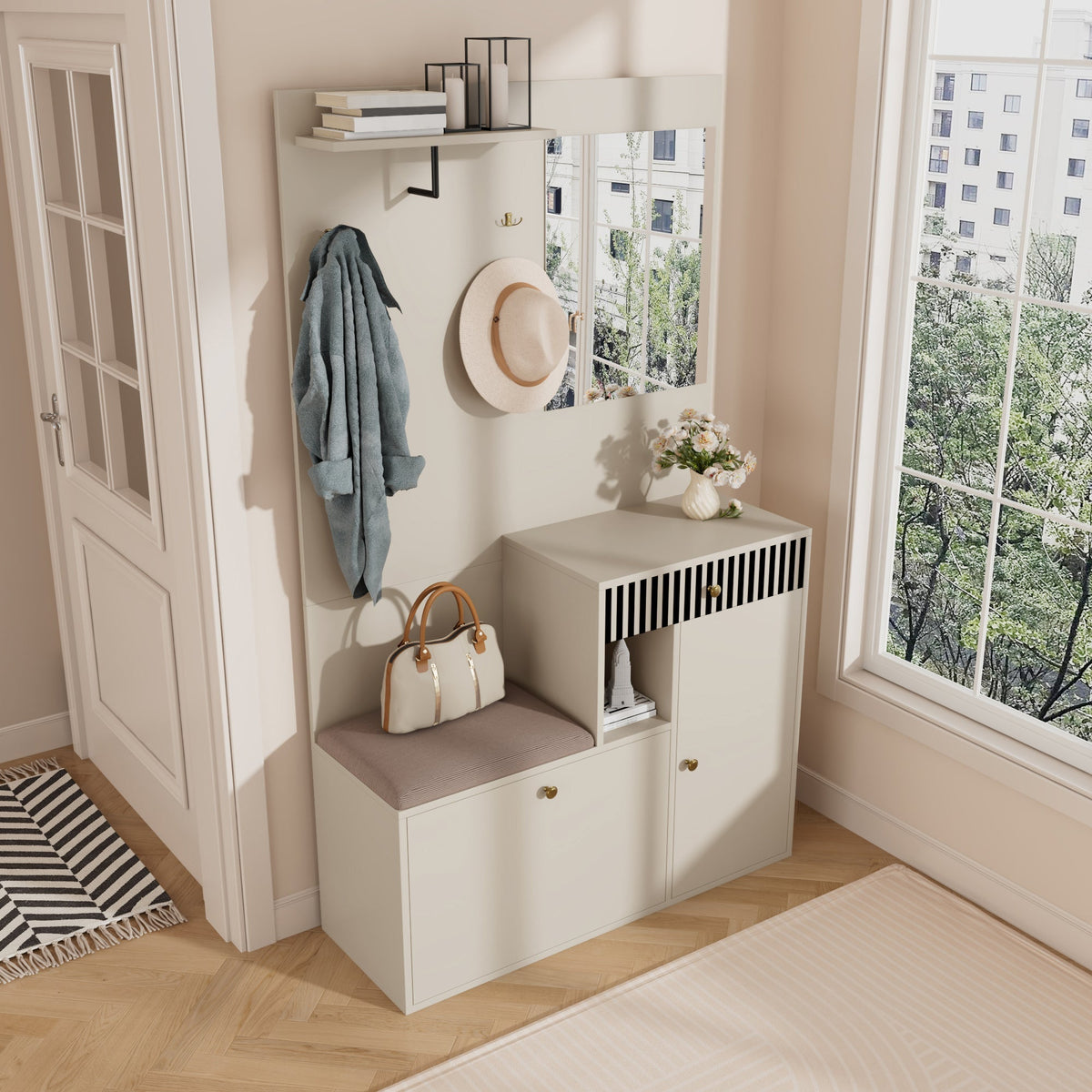 Wardrobe Set, Hallway with Mirror & Cushions, Shoe Cabinet, 110 x 185.5 x 37 cm, Compact